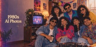 How to Create 1980s AI Photos for Couples, Families and Friends Couple, family and friends posing for a nostalgic 1980s AI-generated photo