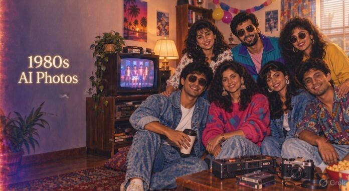 Couple, family and friends posing for a nostalgic 1980s AI-generated photo